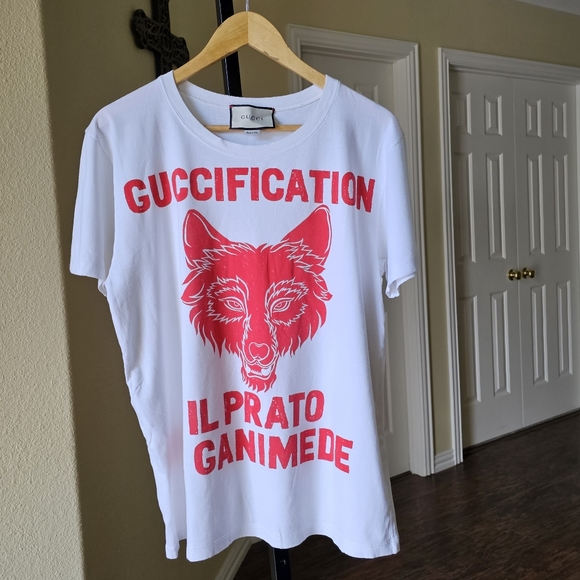 Gucci Printed Guccification White Logo & Wolf Printed Cotton T-shirt Sz S UNISEX - Picture 12 of 12